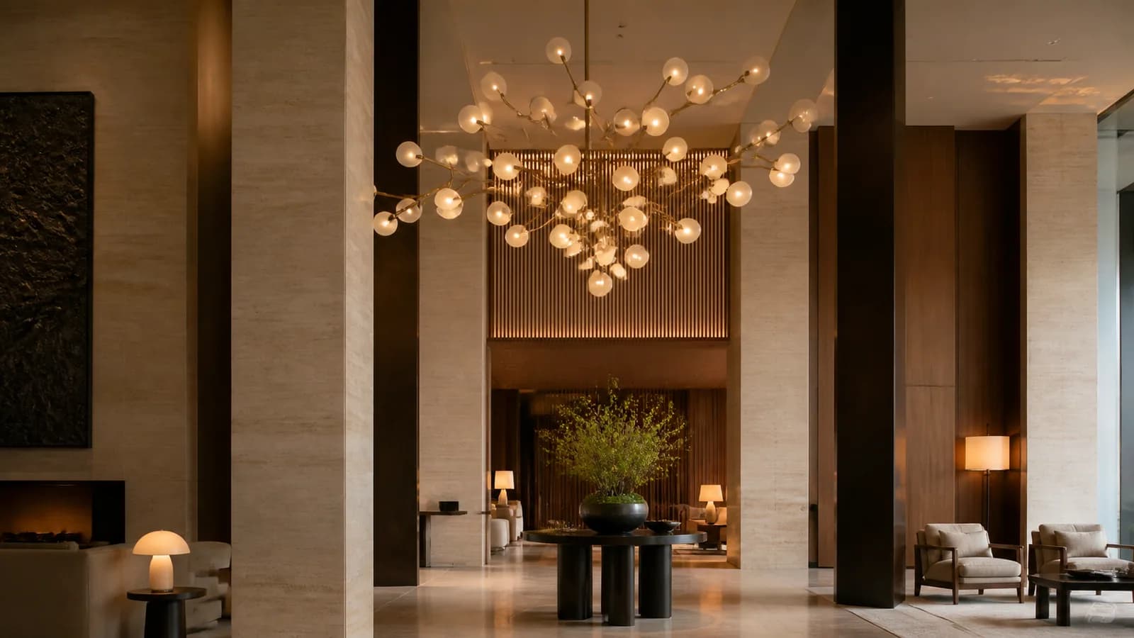 Hotel Lobby. Sculptural opal-glass chandelier · Aged brass · 2700K